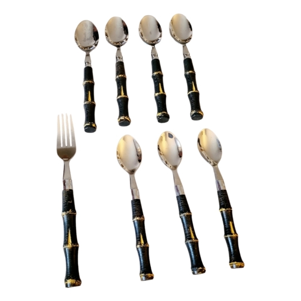 Vintage Dark Bamboo Handled Stainless Steele 8 pieces Flatware